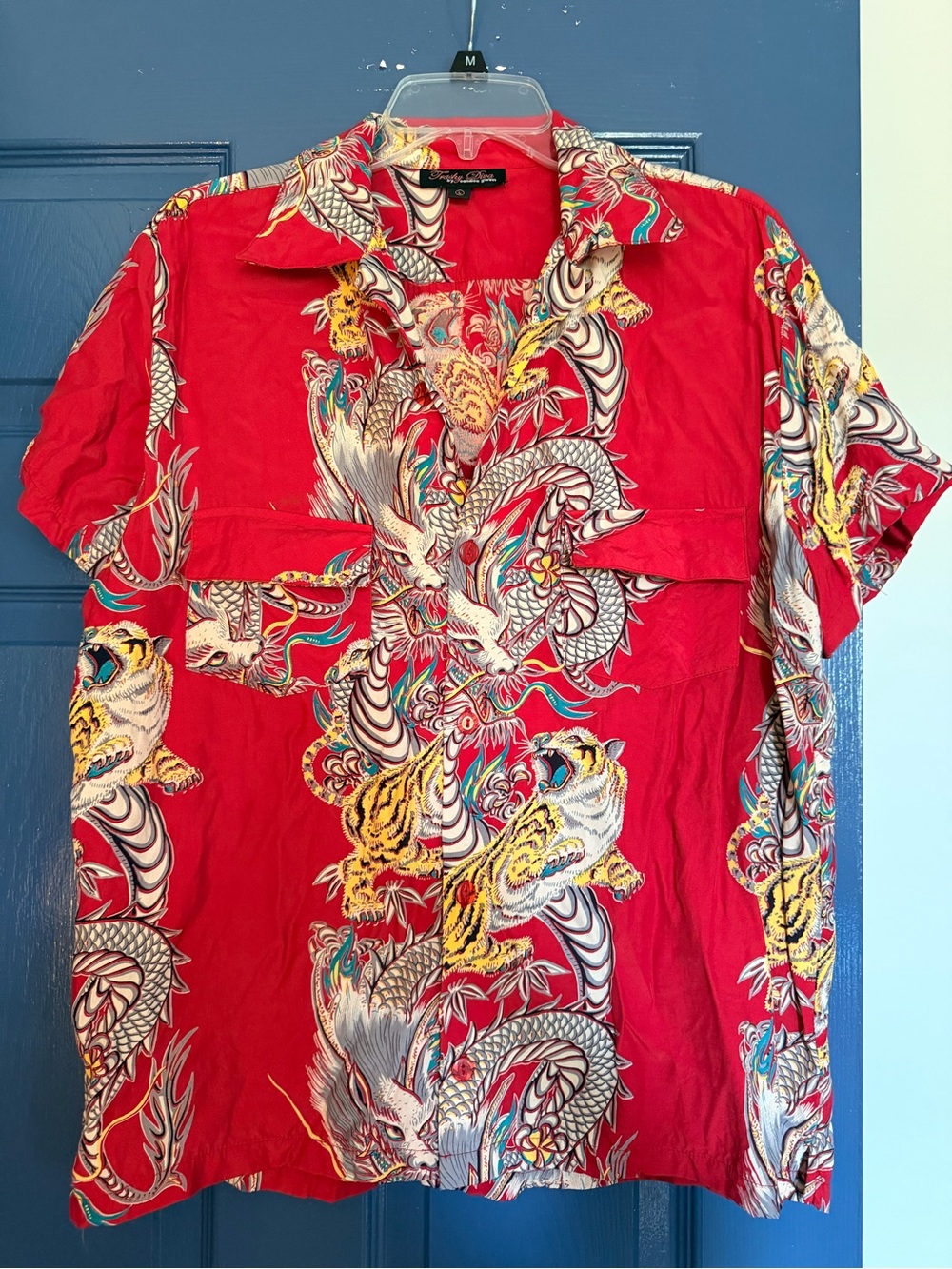Trashy Diva Fred Men's Red Dragon & Tiger Print Camp Shirt L